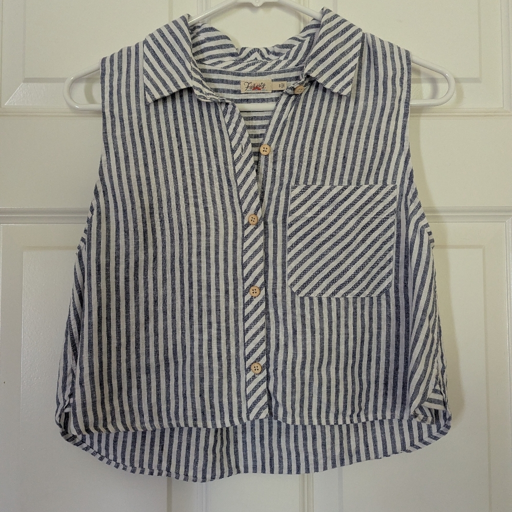 Faherty Blue and White Striped Sleeveless Crop Button-Up